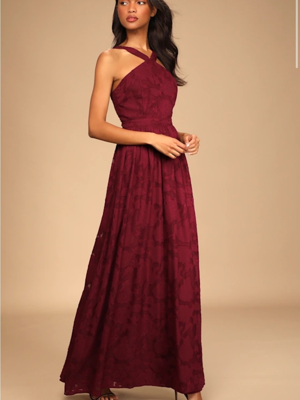 Lulu's Burgundy Lace Cross-Strap Maxi Dress